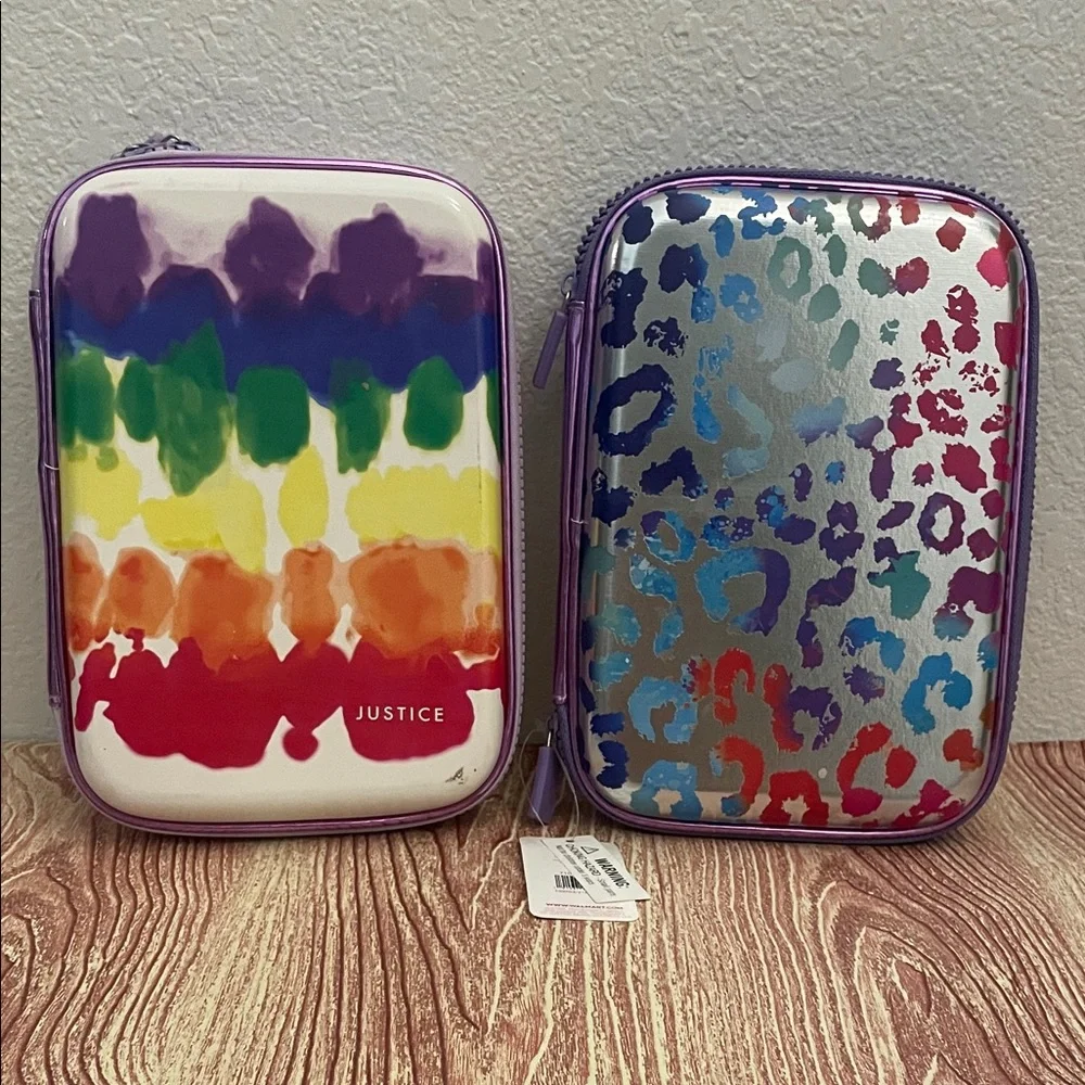 Justice Vibrant Rainbow and Silver Leopard Pencil Cases